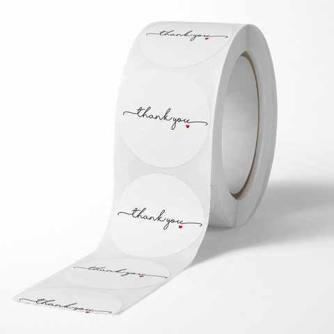 Autocollants Ronds Merci Papier Couché Blanc Motif Cœur Rouge Étiquettes de Scellage pour Emballage Cadeau Enveloppes Professionnelles Rouleau
