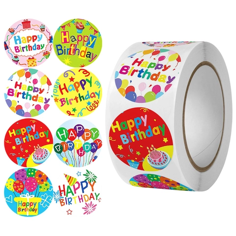 Στρογγυλά Αυτοκόλλητα Happy Birthday Πολύχρωμες Αυτοκόλλητες Ετικέτες Χαρτιού για Περιτύλιγμα Δώρου Σφράγιση Φακέλων Διακόσμηση Πάρτι Γενεθλίων για Παιδιά και Ενήλικες Εορτασμός