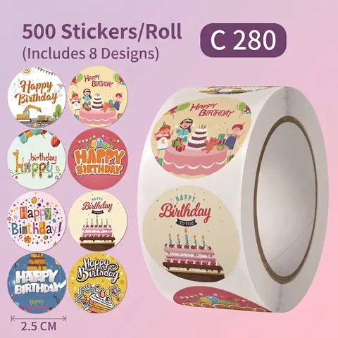 Happy Birthday Stickers Round Labels For Gift Wrapping Envelope Sealing Self Adhesive Decorative Paper Cartoon Patterns Party Supplies