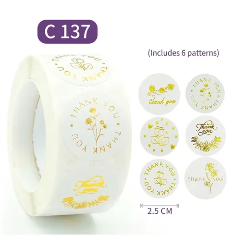 Autocollants Thank You Dorure À L'or Rond Floral Étiquettes Pour Petite Entreprise Emballage Cadeau Scellage Blanc
