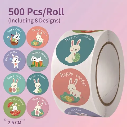 Autocollants De Pâques Étiquettes Lapin Œuf Ronds Adhésifs Décoratifs Pour Cadeaux De Fête Scellage D'Enveloppes Bricolage Célébration