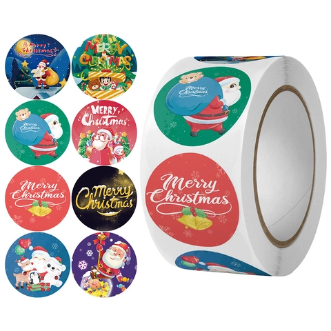 Autocollants De Noël Étiquette En Papier Ronde Décorative Emballage Cadeau Sceau Enveloppe Dessin Animé Père Noël Renne Fête