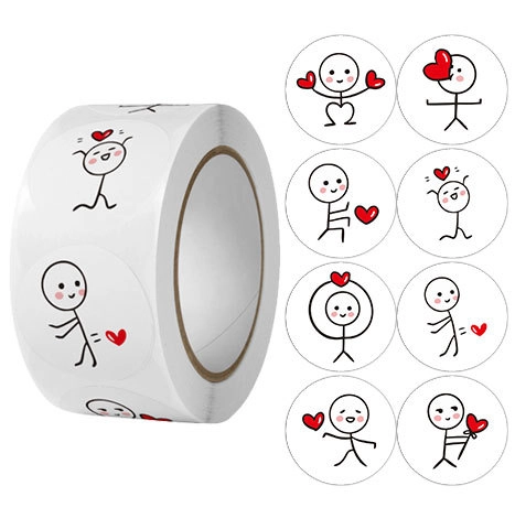 Round Stickman Heart Stickers Roll Cartoon Cute DIY Hand Account Sealing Label For Kids Gift Packaging Decorative Decal