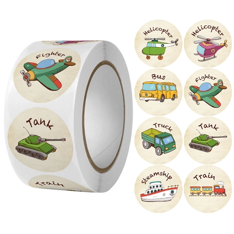 Hand Drawn Cartoon Transportation Stickers For Kids Reward Classroom Stationery Kraft Paper Vehicle Pattern Round Decals For Scrapbooking