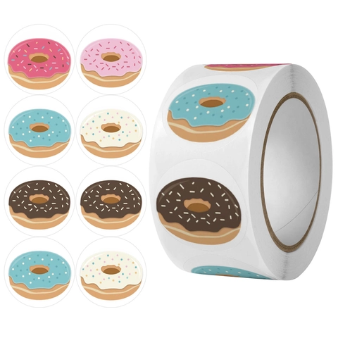 Mignon Dessin Animé Donut Rond Étiquettes Adhésives Pour Emballage Cadeau Scrapbooking Enveloppe Scellage Coloré Décoratif