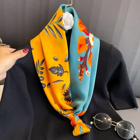 Grand Foulard Carré Satin Imprimé Floral Feuille Léger Châle Protection Solaire Versatile Élégant Mode Pour Femmes