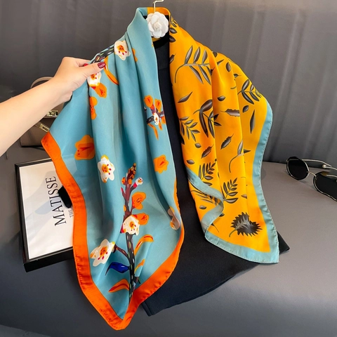 Grand Foulard Carré Satin Imprimé Floral Feuille Léger Châle Protection Solaire Versatile Élégant Mode Pour Femmes