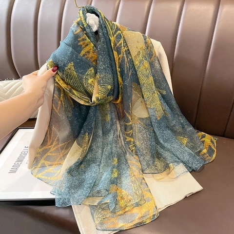 Damen Übergroßer Seidiger Schal Leichter Polyester Schultertuch Sonnenschutz Blumendruck Strandtuch Eleganter Langer Schal