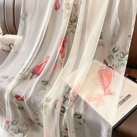 Floraler Print Schal Damen Leichtes Polyester Satinnähnlich Dünn Rosen Tulpen Muster Sommer Atmungsaktiver Sonnenschutz