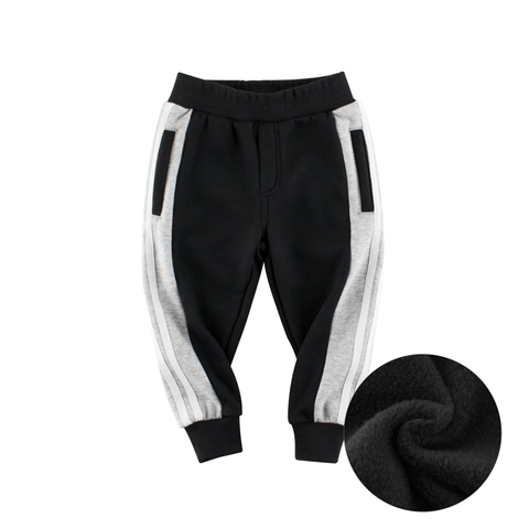 Boys Joggers Fleece Lined Warm Sweatpants Three Stripes Sports Pants Patchwork Design Elastic Waist Ribbed Cuffs Kids