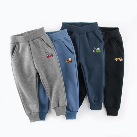 Kids Fleece Lined Sweatpants Cotton Blend Cartoon Engineering Vehicle Embroidery Elastic Waist Joggers For Boys Girls