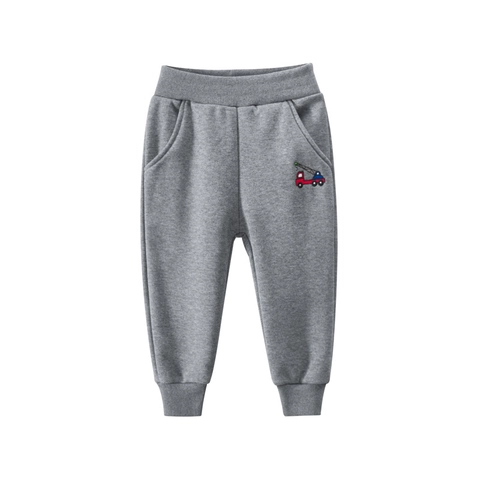 Kids Fleece Lined Sweatpants Cotton Blend Cartoon Engineering Vehicle Embroidery Elastic Waist Joggers For Boys Girls