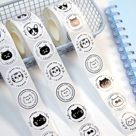 Round Thank You Stickers Cartoon Cat Dog Patterns Adhesive Paper Labels For Gift Packaging Envelope Sealing Cute Simple