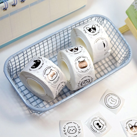 Round Thank You Stickers Cartoon Cat Dog Patterns Adhesive Paper Labels For Gift Packaging Envelope Sealing Cute Simple