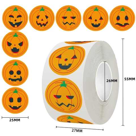 Halloween Pumpkin Stickers Multi Expression Orange Self Adhesive Round Label Decorative Seal For Festival Party Gift Wrap