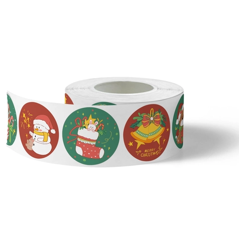 Rouleau d'Autocollants de Noël Dessins Animés Étiquettes Rondes Motifs Bonhomme de Neige Renne Pour Scellage de Boîte Cadeau Scrapbooking Autocollants Décoratifs