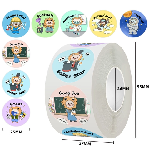 Cartoon Leeuw Beloningsstickers Voor Kinderen Docent Aanmoedigingslabels Rond Motiverend Schoolbenodigdheden Stickers Good Job Super Star