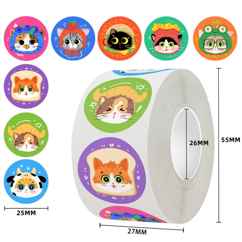 Autocollants Décoratifs Mignons de Chat avec Couvre-chef Alimentaire en Rouleau Étiquettes Autocollantes Rondes pour Emballage Cadeau Scrapbooking