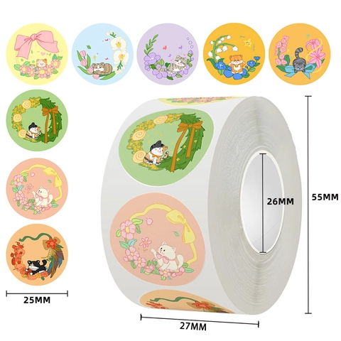 Cartoon Cat Flower Round Stickers Adhesive Labels Roll For DIY Scrapbooking Gift Sealing Decoration Stationery Cute Patterns