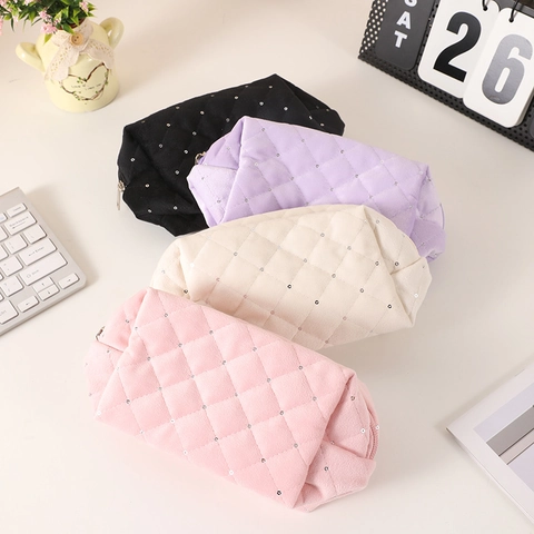 Gewatteerde Fluwelen Make-Up Tas Grote Capaciteit Diamantrooster Pailletten Cosmetische Tas Etui Met Rits