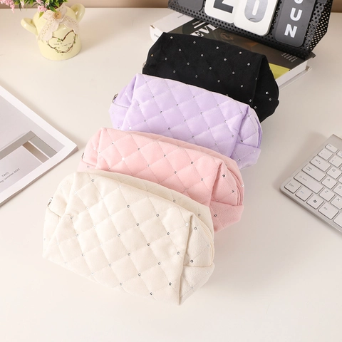 Gewatteerde Fluwelen Make-Up Tas Grote Capaciteit Diamantrooster Pailletten Cosmetische Tas Etui Met Rits