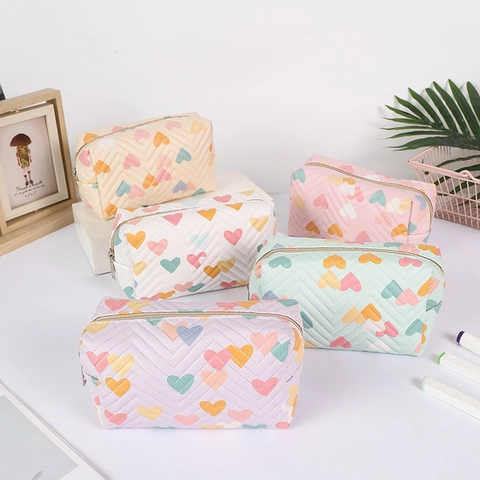 Quilted Heart Print Pencil Case PU Leather Large Capacity Macaron Color Stationery Bag For Students Girls