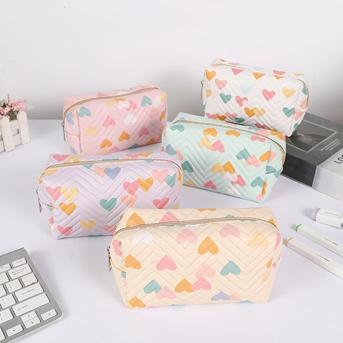 Quilted Heart Print Pencil Case PU Leather Large Capacity Macaron Color Stationery Bag For Students Girls