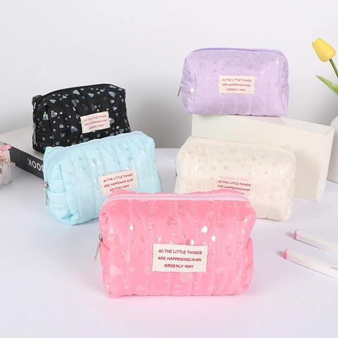 Estuche Para Lápices Acolchado Con Patrón De Corazón Gran Capacidad Bolsa De Maquillaje Holográfico Almacenamiento Para Niñas