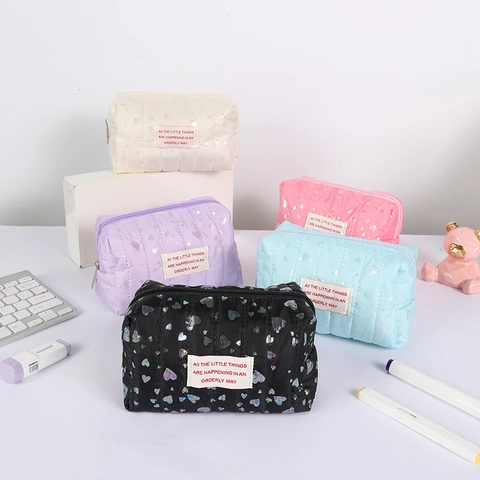 Estuche Para Lápices Acolchado Con Patrón De Corazón Gran Capacidad Bolsa De Maquillaje Holográfico Almacenamiento Para Niñas