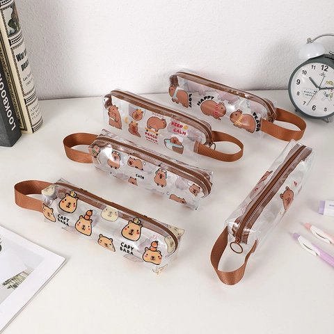 Capybara Cartoon Transparente Federtasche Große Kapazität Wasserdichte PVC Schreibwaren Aufbewahrungstasche Mit Griff Kawaii Für Schüler
