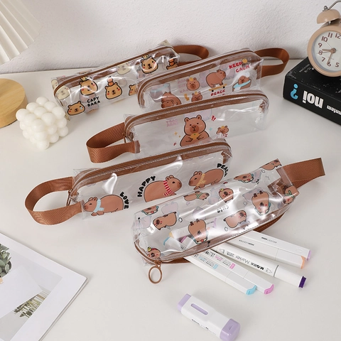 Capybara Cartoon Transparente Federtasche Große Kapazität Wasserdichte PVC Schreibwaren Aufbewahrungstasche Mit Griff Kawaii Für Schüler