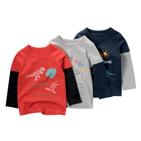 Boys Long Sleeve T-Shirt Cotton Dinosaur Print Fake Two Piece Round Neck Cartoon Casual Top Toddler