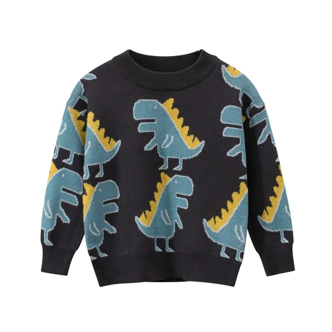 Boys Knitted Sweater 100% Cotton Round Neck Long Sleeve Pullover With Cartoon Dinosaur Jacquard Pattern Warm Winter Top