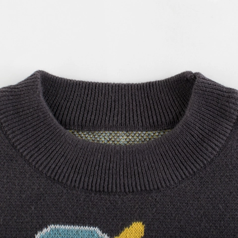 Boys Knitted Sweater 100% Cotton Round Neck Long Sleeve Pullover With Cartoon Dinosaur Jacquard Pattern Warm Winter Top