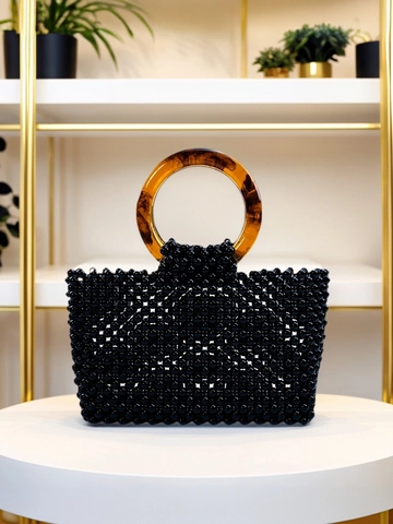 Bolso De Mano De Cuentas Negras Hecho A Mano Para Mujer Bolso Cuadrado Tejido De Acrílico Vintage Con Asa Circular De Resina