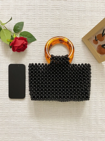 Bolso De Mano De Cuentas Negras Hecho A Mano Para Mujer Bolso Cuadrado Tejido De Acrílico Vintage Con Asa Circular De Resina