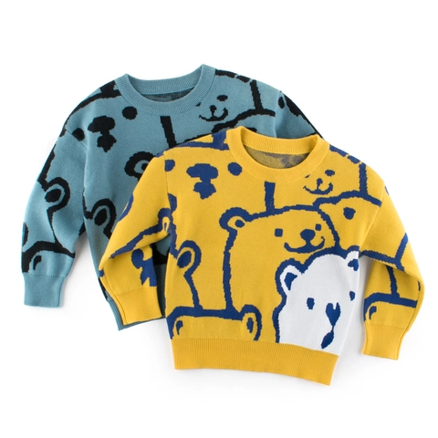 Kids Knitted Sweater Cotton Cartoon Bear Jacquard Crew Neck Long Sleeve Warm Pullover Tops For Boys Girls