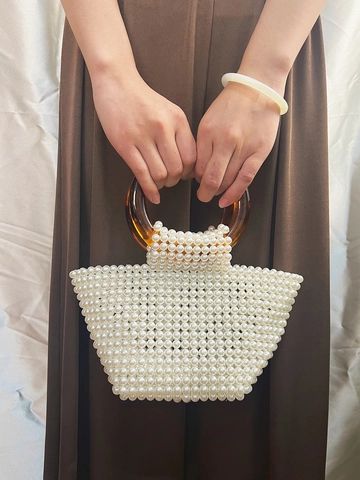Handgefertigte Gewebte Handtasche Aus Kunstperlen Elegante Retro Abendtasche Mit Runden Griffe Aus Bambus Und Harz Für Damen