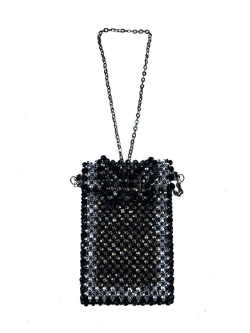 Handmade Acrylic Beaded Phone Bag For Women Retro Geometric Woven Mini Crossbody Pouch With Metal Chain Strap