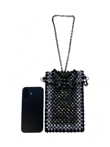 Handmade Acrylic Beaded Phone Bag For Women Retro Geometric Woven Mini Crossbody Pouch With Metal Chain Strap