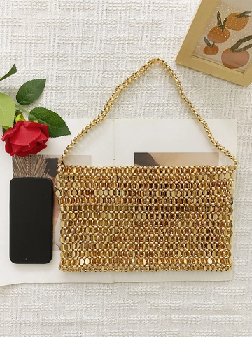 Handmade Woven Metal Sequin Handbag Vintage Chainmail Shoulder Bag Shiny Underarm Tote For Women Party