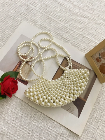 Handmade Beaded Imitation Artificial Pearl Handbag For Women Elegant Moon Shaped Woven Shell Bag With Artificial Pearl Chain Shoulder Strap