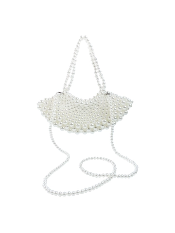 Handmade Beaded Imitation Artificial Pearl Handbag For Women Elegant Moon Shaped Woven Shell Bag With Artificial Pearl Chain Shoulder Strap