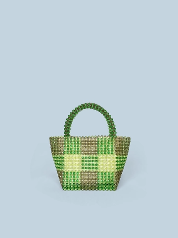 Women Fashion Hand-Woven Acrylic Beaded Handbag Checkerboard Pattern Tote Bag For Daily Vacation Vintage Top Handle Bag