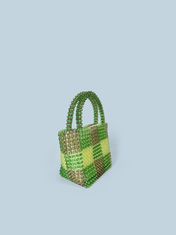 Women Fashion Hand-Woven Acrylic Beaded Handbag Checkerboard Pattern Tote Bag For Daily Vacation Vintage Top Handle Bag