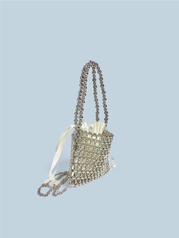 Sac à Main Vintage à Perles Argent pour Femme Mini Sac Tissé Main Avec Sac Intérieur en Satin et Bandoulière Chaîne de Fête