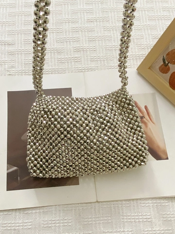Sac Bandoulière Perlé Fait Main pour Femmes Argent Acrylique Tissé Sac à Épaule Vintage Chic Sac de Soirée avec Chaîne