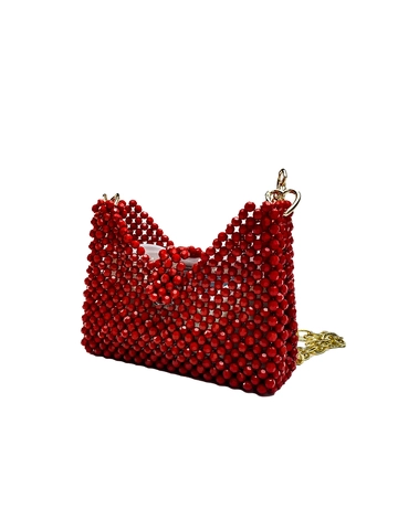 Handgefertigte Rote Perlen-Schultertasche Für Damen Schleifenform Acryl Gewebte Abendhandtasche Mit Goldener Metallkette