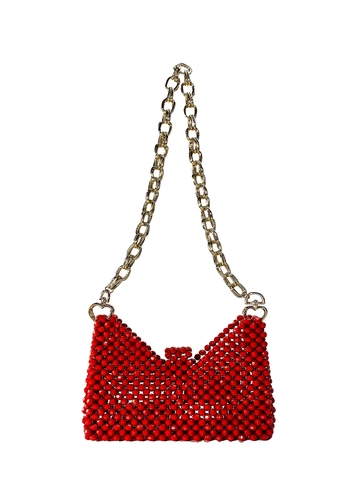Handgefertigte Rote Perlen-Schultertasche Für Damen Schleifenform Acryl Gewebte Abendhandtasche Mit Goldener Metallkette