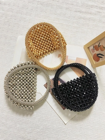 Handmade Beaded Handbag Acrylic Faux Artificial Pearl Woven Half Moon Round Evening Party Bag For Women Vintage Chic